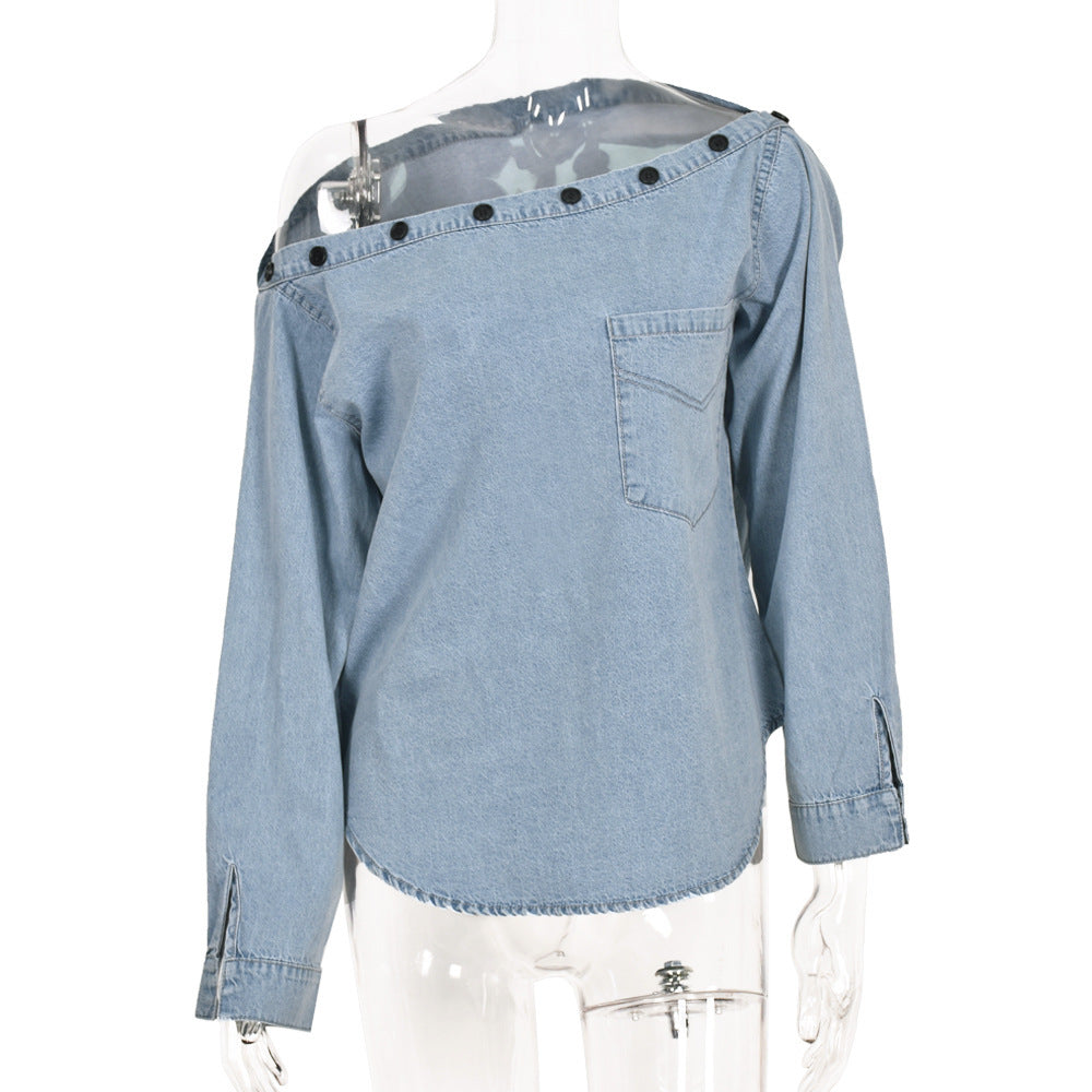 Women's Button Neck Off The Shoulder Long Sleeved Denim Shirt