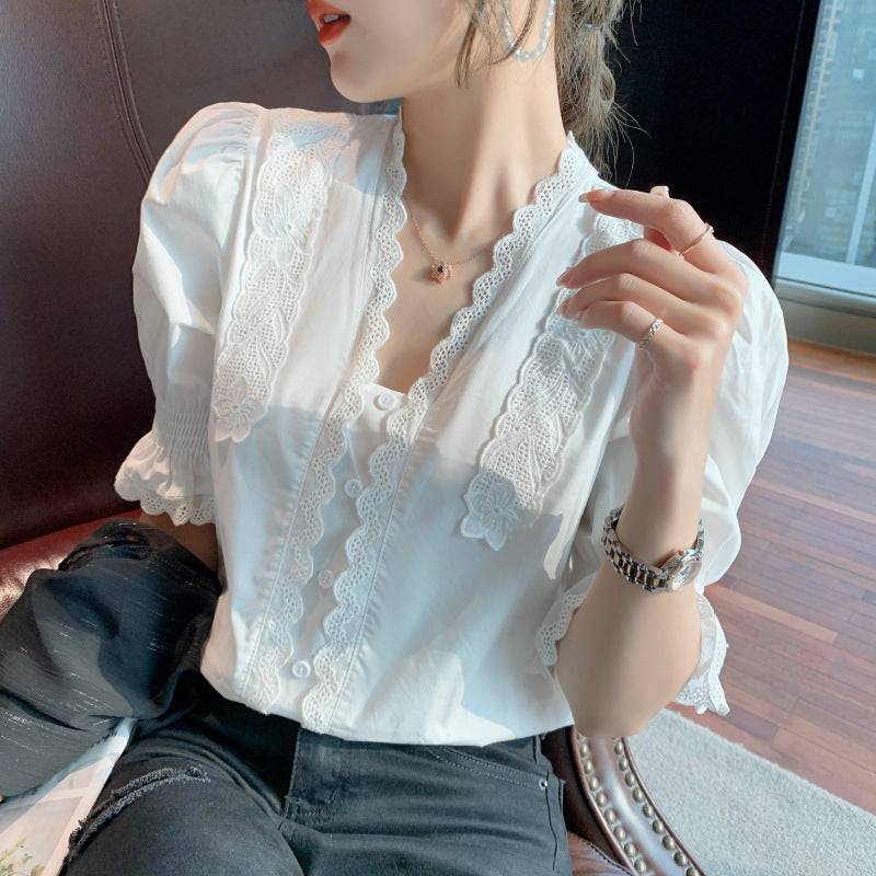 White v-neck Lace Half-sleeved Short-sleeved Puff Sleeve Shirt Women