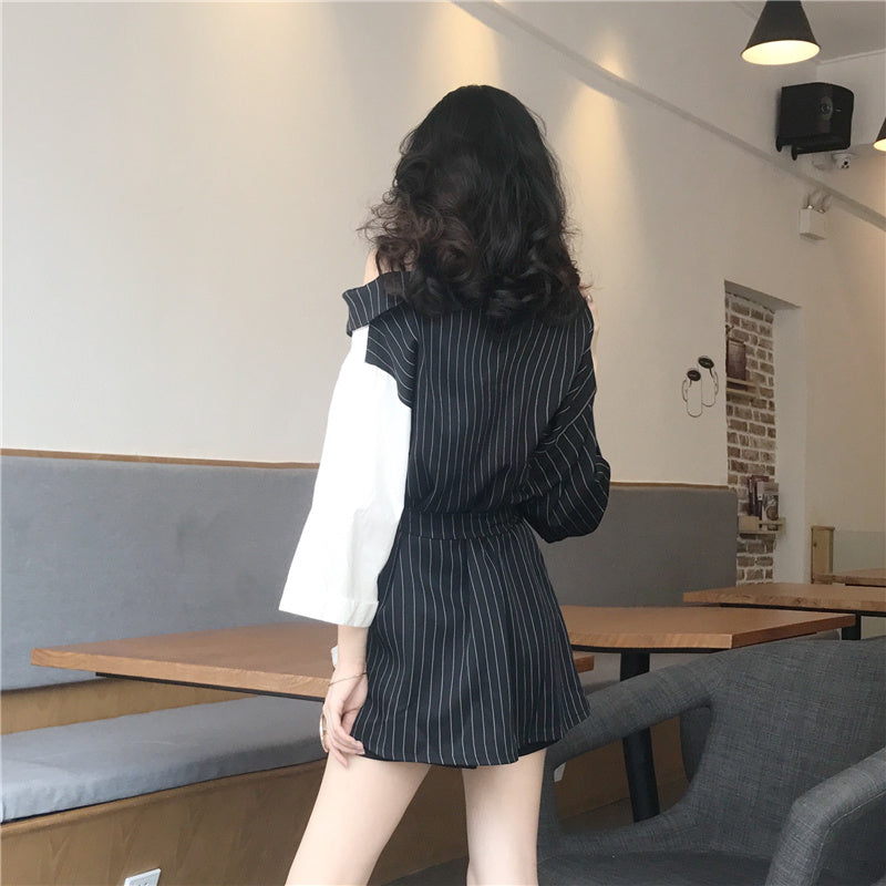 Women's Black and White Contrast Stripes Stitching Suit Collar Strapless Three-quarter Sleeve Shirt Trend