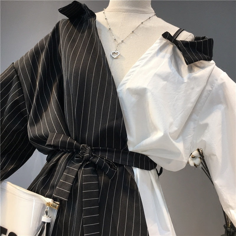 Women's Black and White Contrast Stripes Stitching Suit Collar Strapless Three-quarter Sleeve Shirt Trend