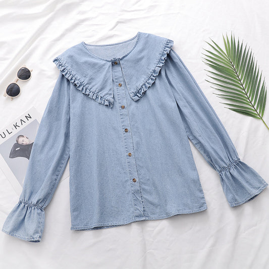 Women's Denim Shirt Top With Lotus Leaf Collar