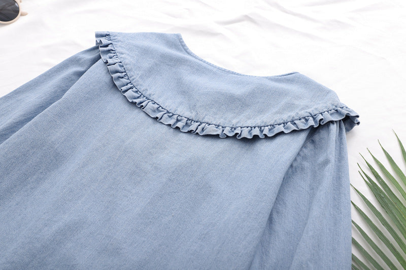 Women's Denim Shirt Top With Lotus Leaf Collar