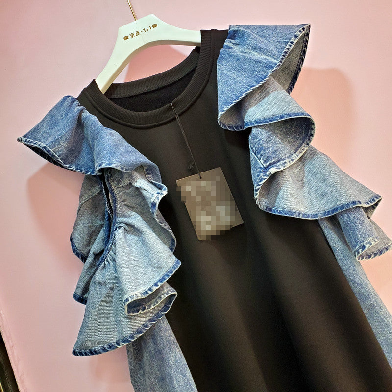 Pull en Denim à manches volantées et coutures à la mode pour femmes, haut à épaules dénudées