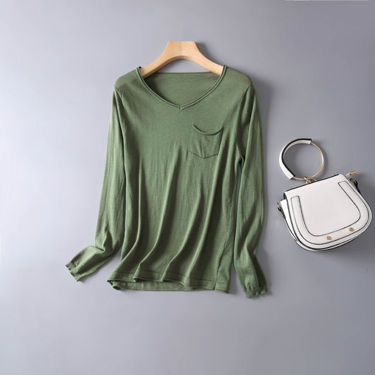 Autumn And Winter New Silk Cotton V-neck Long-Sleeved Bottoming Shirt, Warm Silk Top, Pullover, Slim-Fit T-Shirt, Simple Style