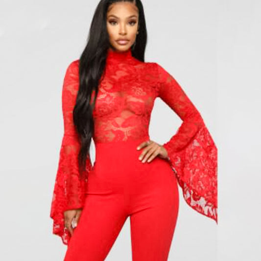 Flared Sleeve Lace See-Through Jumpsuit