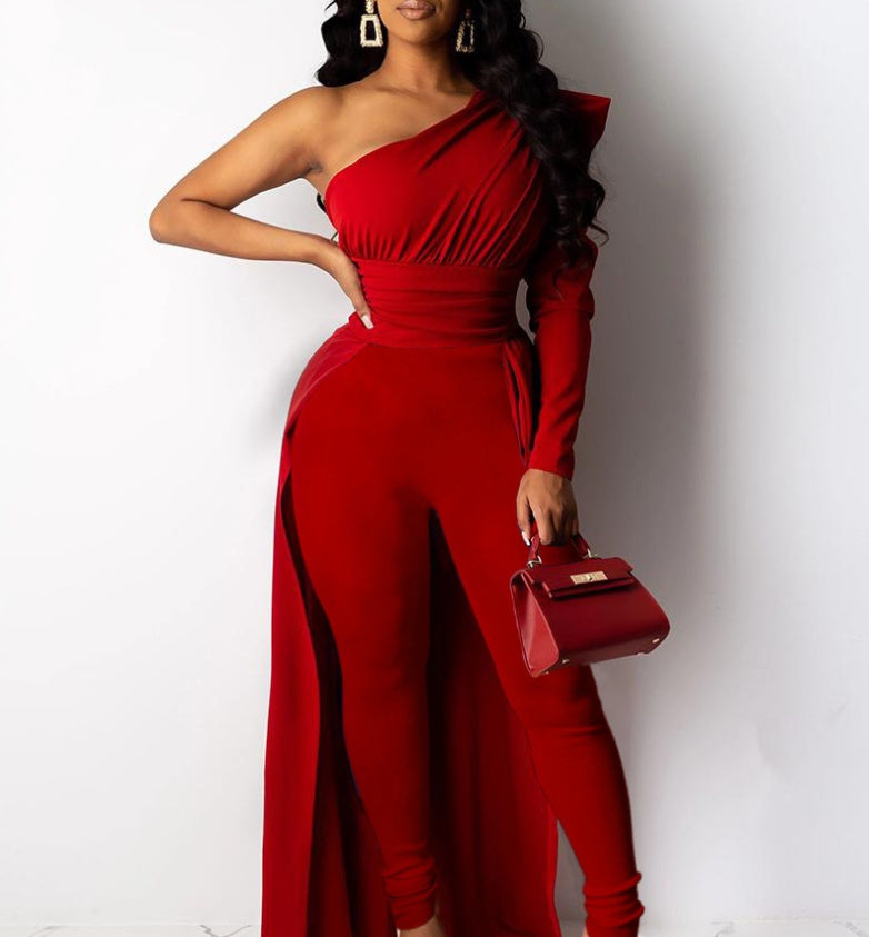 European And American New Style Red One-Shoulder Puff Sleeve Skinny Long Mop Jumpsuit