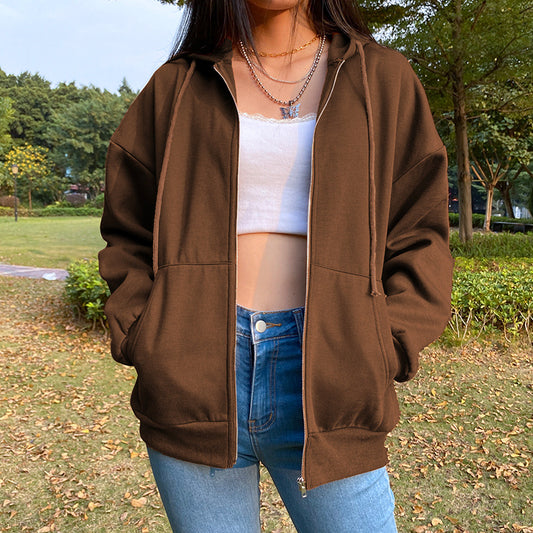 Eu Street Shooting Women'S Autumn And Winter Plus Velvet Simple Wind Brown Zipper Cardigan Jacket Female Wild Lazy Wind Hoodie