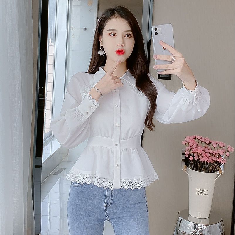 White Shirt Women'S Waist Waist Temperament Loose Chiffon Shirt Fashion Long-Sleeved Lapel Top