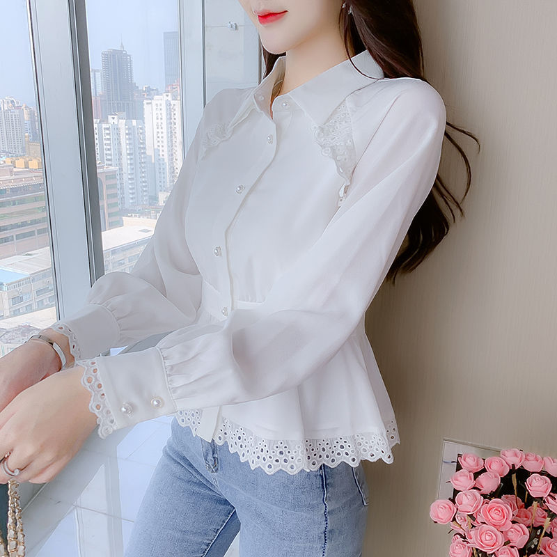 White Shirt Women'S Waist Waist Temperament Loose Chiffon Shirt Fashion Long-Sleeved Lapel Top