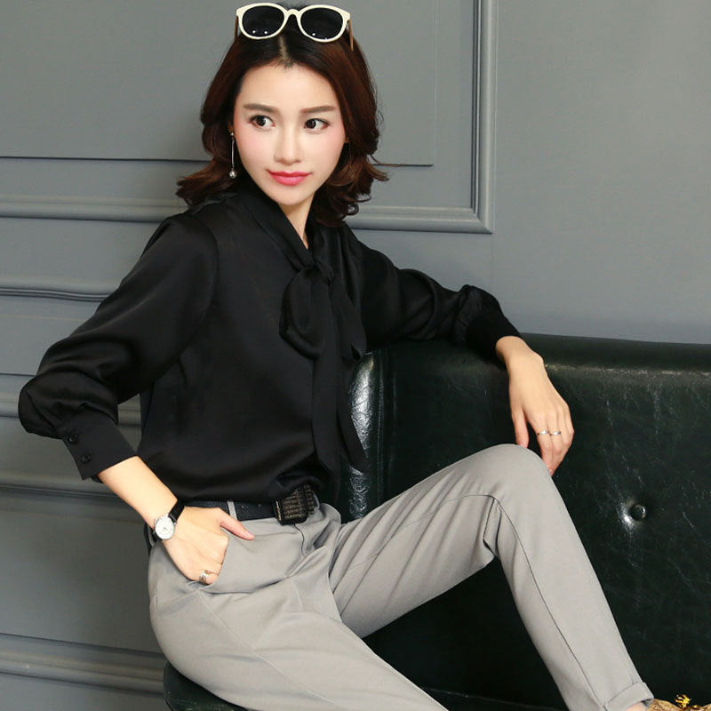 Women's Bow Tie Collar Solid Color Fashion Slim Imitation Silk Long Sleeve Lining