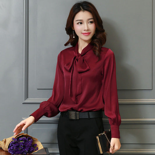 Women's Bow Tie Collar Solid Color Fashion Slim Imitation Silk Long Sleeve Lining