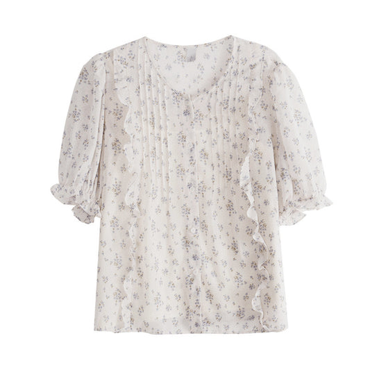 Camisa de gasa de manga corta Floral para mujer, blusa suave y dulce coreana Chic de verano