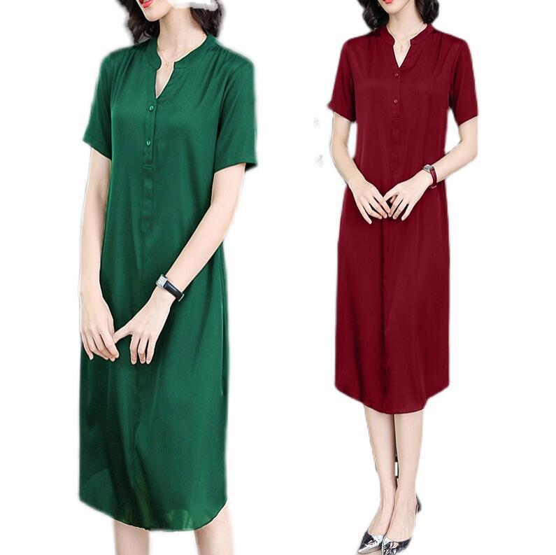 Temperament All-match V-neck Silk Over-the-knee Dress