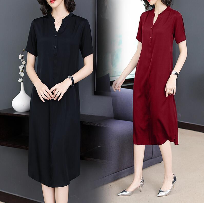 Temperament All-match V-neck Silk Over-the-knee Dress