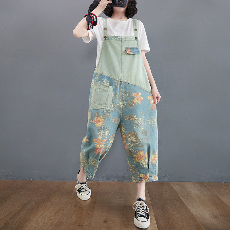 Casual Plus Size Denim Overalls Women'S Printed Stitching Harem Pants