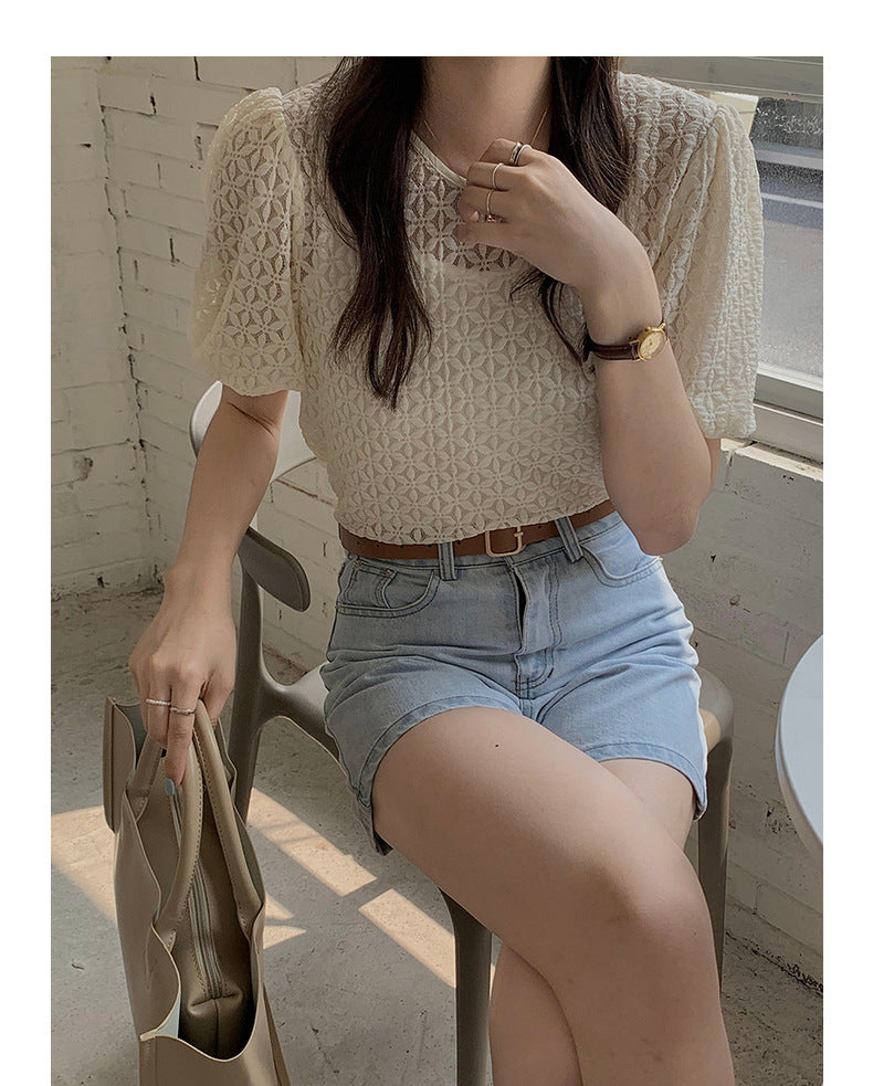 Two-piece French Retro Foam Sleeve Lace Top Free Summer Women's Base Sling