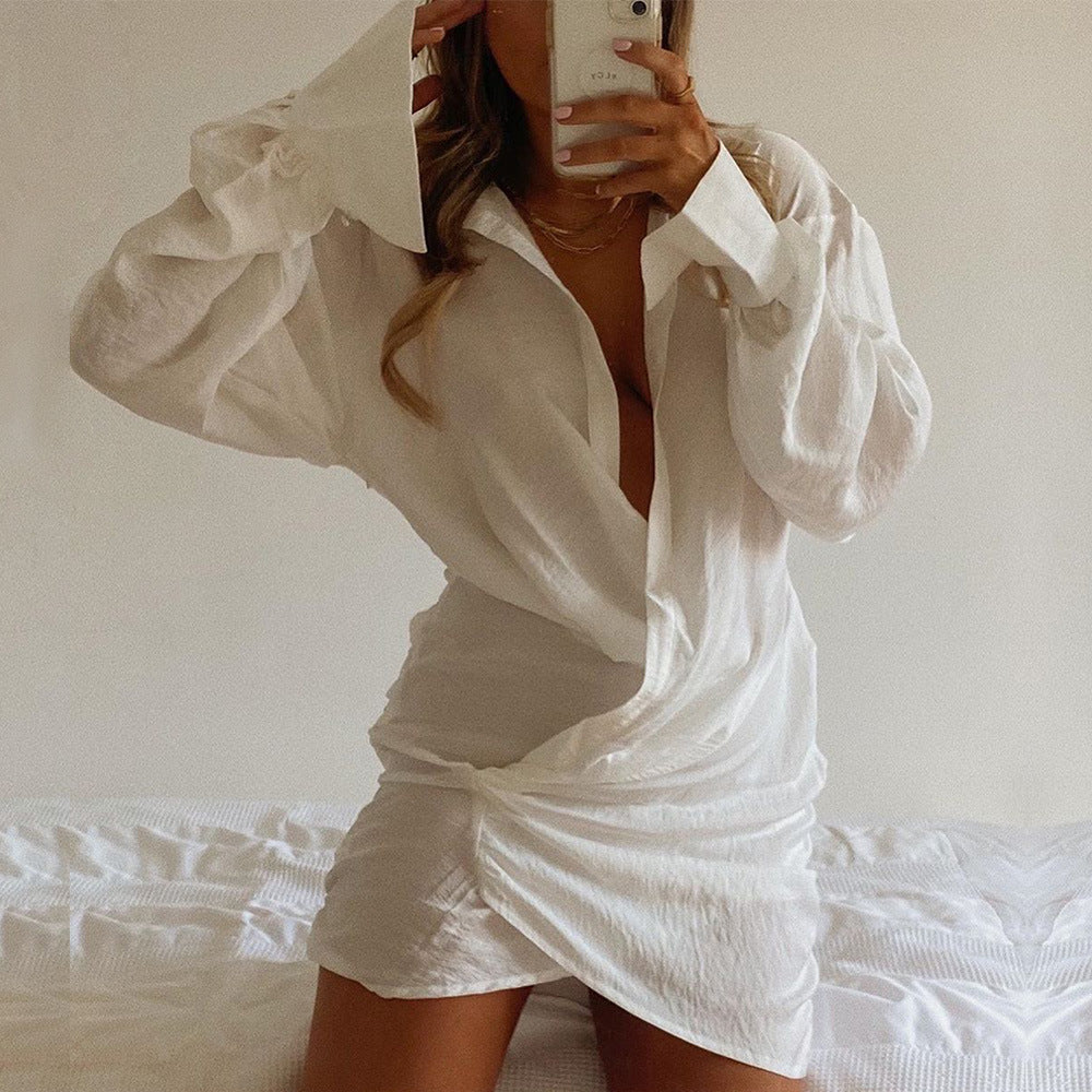 European And American Long-sleeved Deep V White Shirt