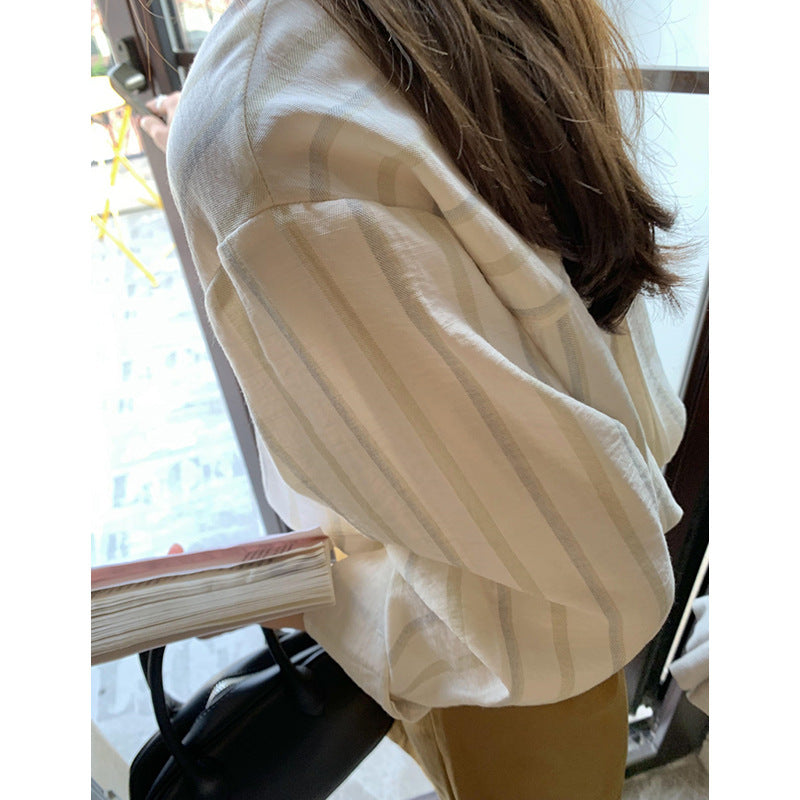 Women's Korean Style Silky Cool Striped Long-sleeved Sunscreen Shirt Temperament Casual Shirt