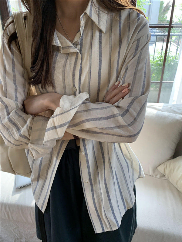 Women's Korean Style Silky Cool Striped Long-sleeved Sunscreen Shirt Temperament Casual Shirt