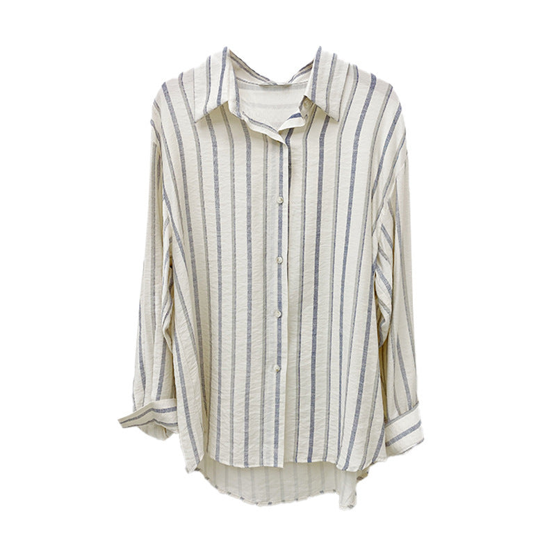 Women's Korean Style Silky Cool Striped Long-sleeved Sunscreen Shirt Temperament Casual Shirt