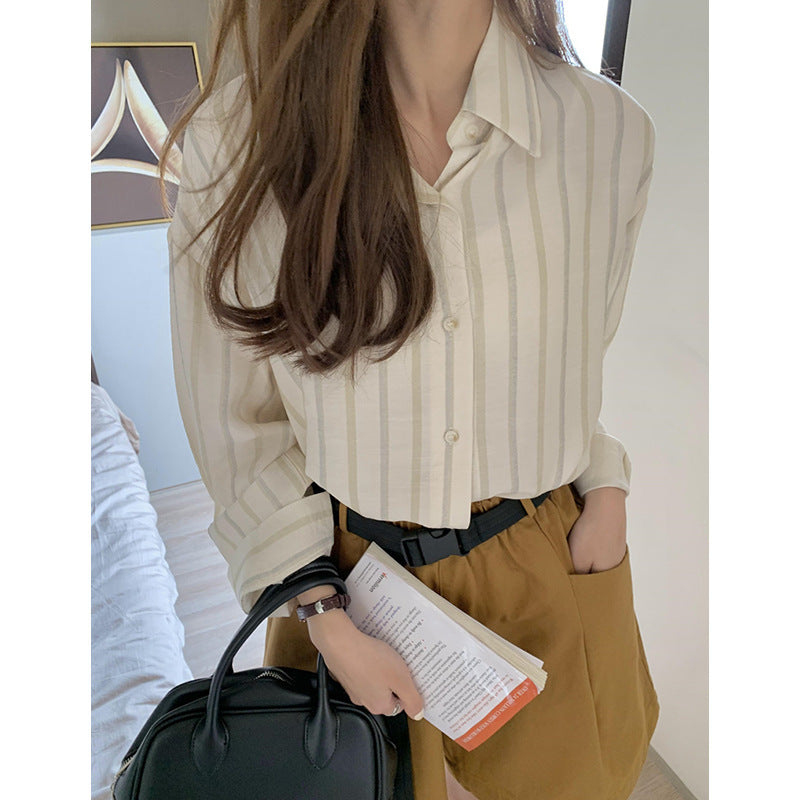 Women's Korean Style Silky Cool Striped Long-sleeved Sunscreen Shirt Temperament Casual Shirt