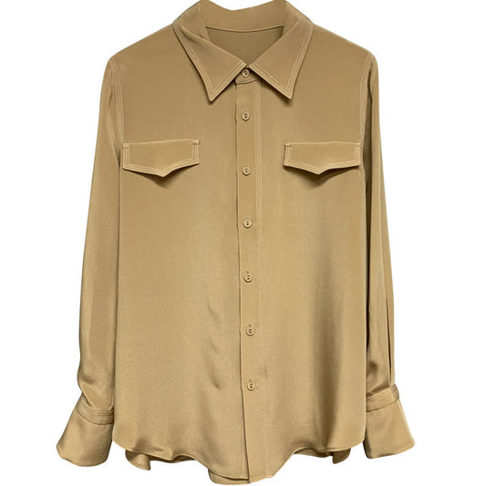 Bag Button Zhen Silk Blouse Square Collar Loose Solid Color Women