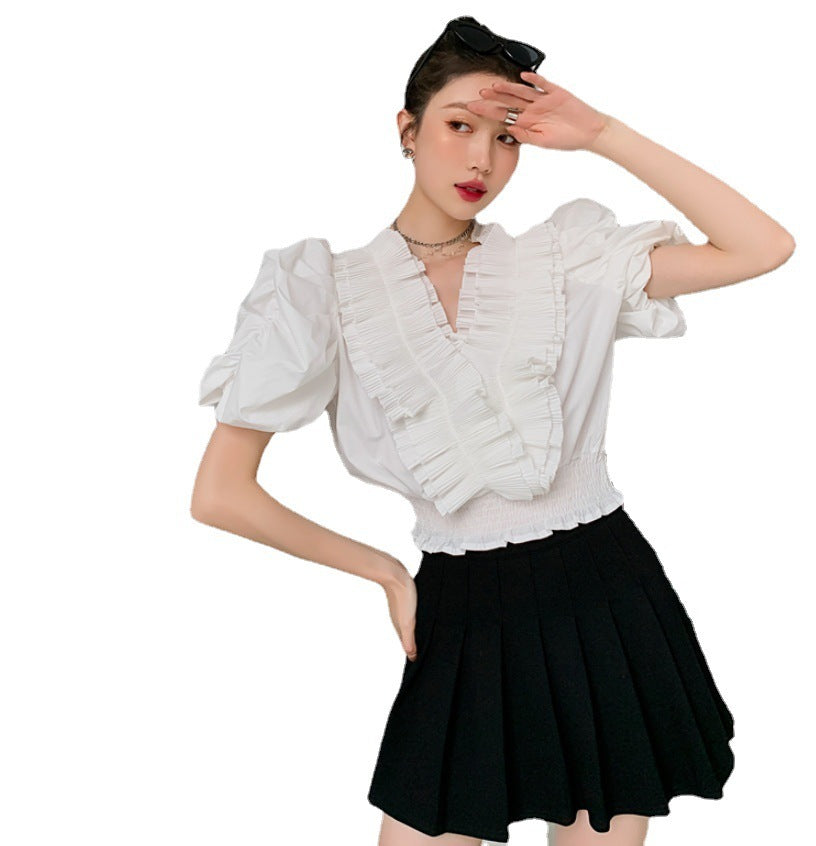 Fashion Puff Sleeve Ladies Blouse With Ruffle