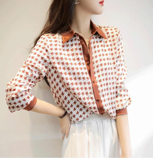 British Style Exquisite And Elegant Houndstooth Element Loose Long-sleeved Silk Shirt