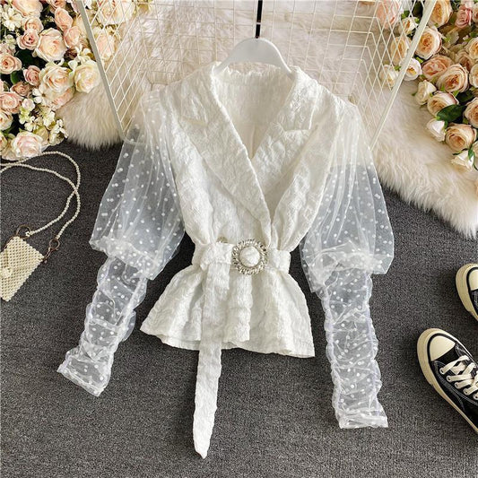 Yarn Bubble Long-Sleeved Doll Short Waist Shirt Top