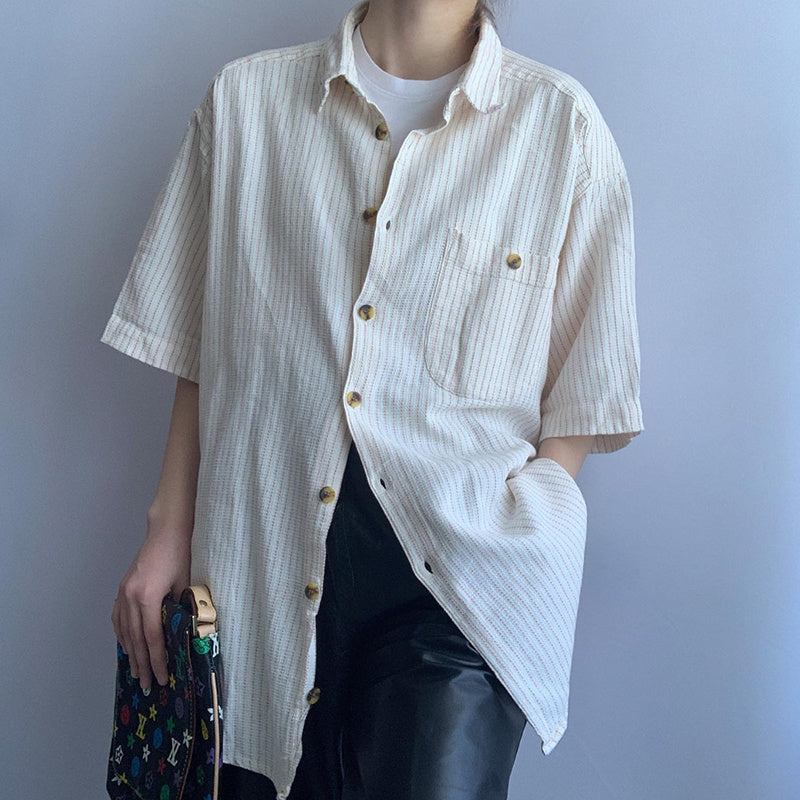 Beige Striped Five-point Sleeve Short-sleeved Shirt