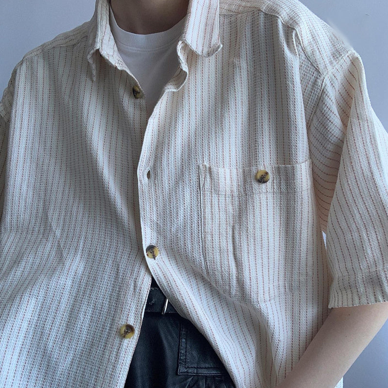 Beige Striped Five-point Sleeve Short-sleeved Shirt