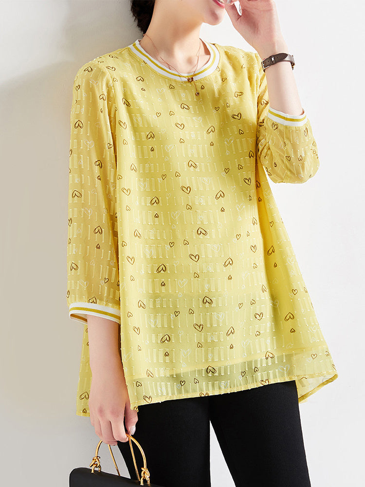 Women's Love Printed Chiffon Shirt, Three-quarter Sleeves Literary Loose Blouse