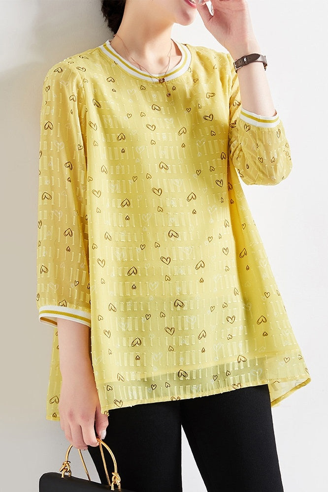 Women's Love Printed Chiffon Shirt, Three-quarter Sleeves Literary Loose Blouse