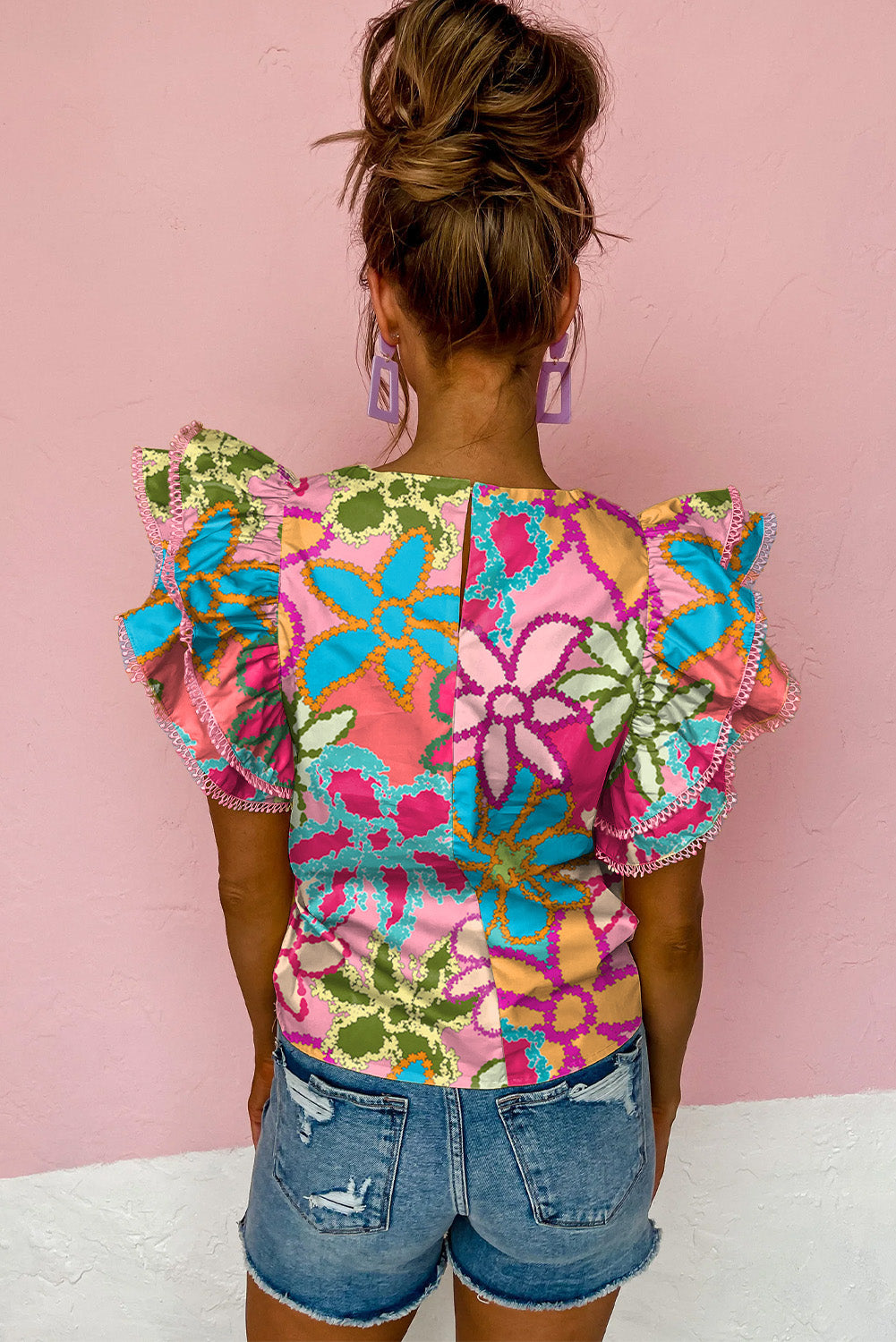 Blusa con mangas con volantes y estampado floral vibrante multicolor