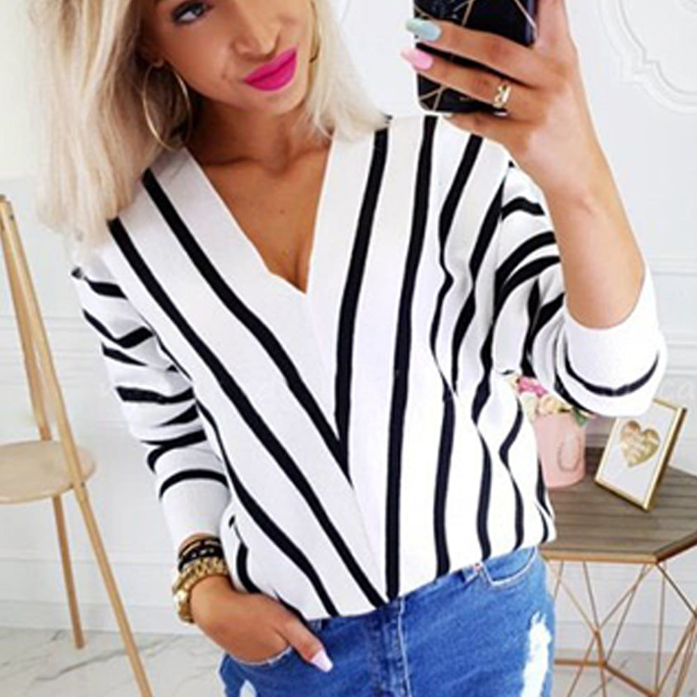 Women's bottoming shirt striped V-neck pullover sweater