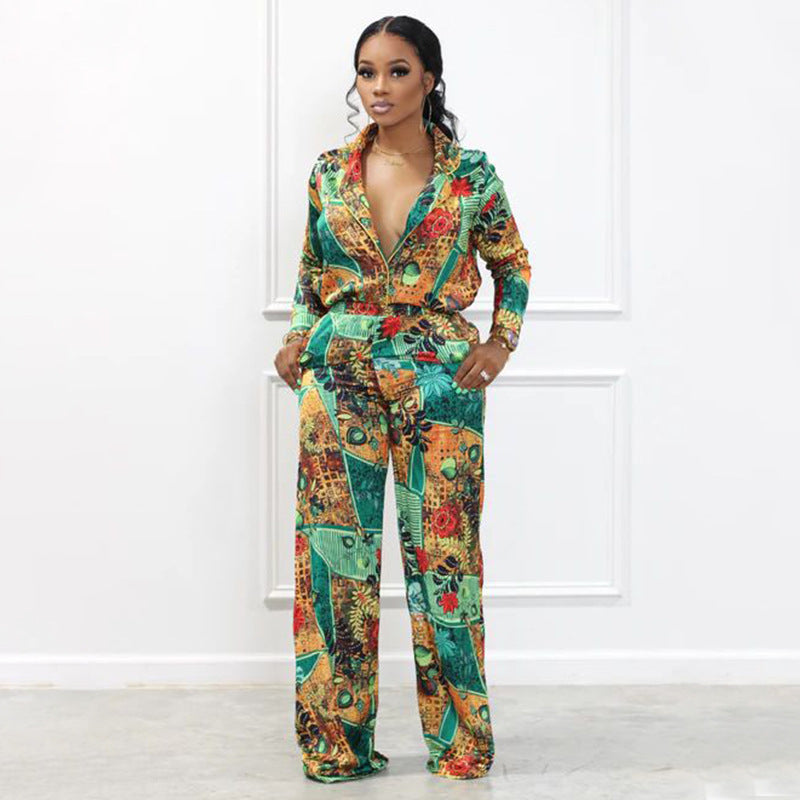 Casual Fashion Digital Printed V-neck Women's Two-piece Suit