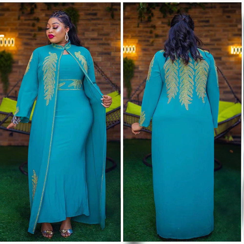 African Elegant Dress 2-piece Set Front And Rear Rhinestone Stand Collar Long Sleeve Dress