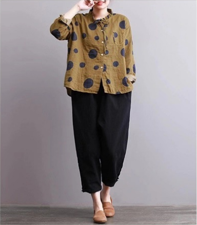 Casual Polka Dot Print Stand Collar Loose Women Blouses