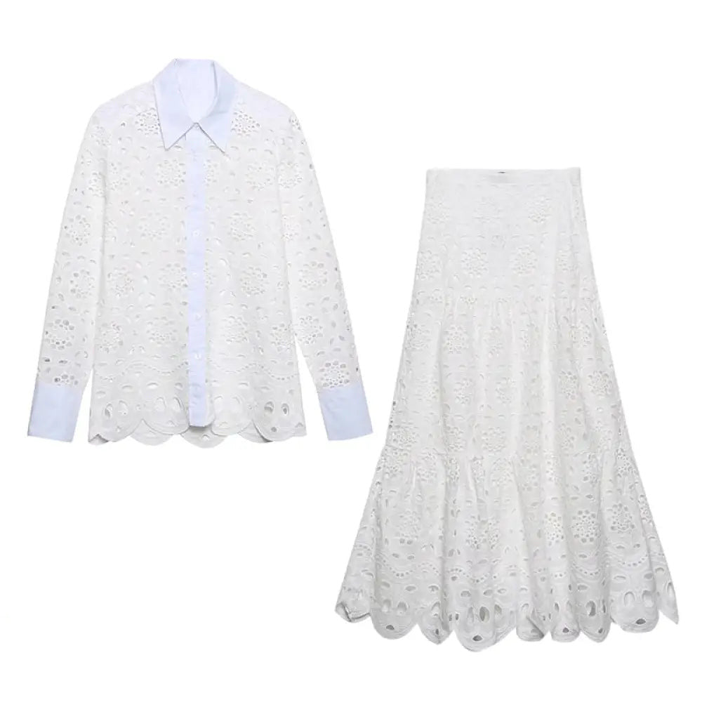 Temperament Leisure Summer New Foreign Trade Embroidery Openwork Blouse Skirt Two-piece Suit Fashion Leisure Suit