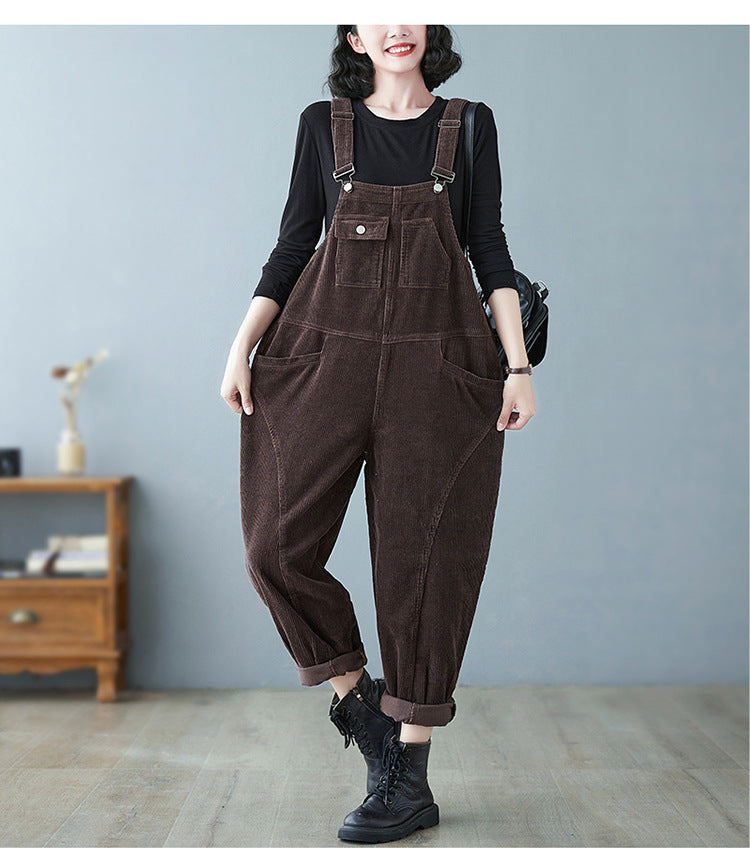 Women's Wide Leg Suspender Washed Corduroy Overalls