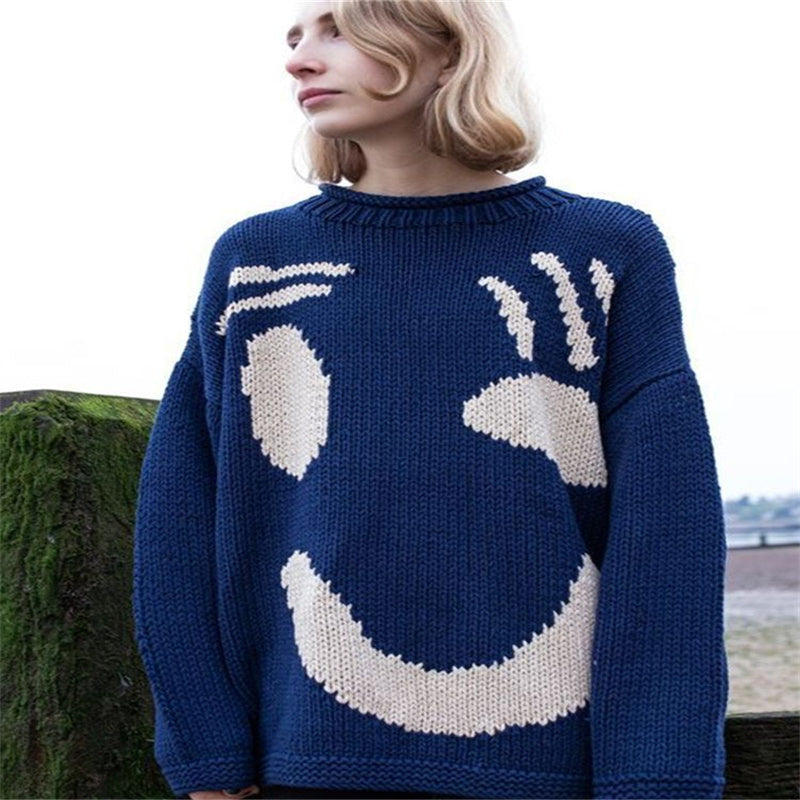 Christmas Smiley Knitted Sweater Women's Long-sleeved Round Neck Yarn-dyed Printed Top Women's