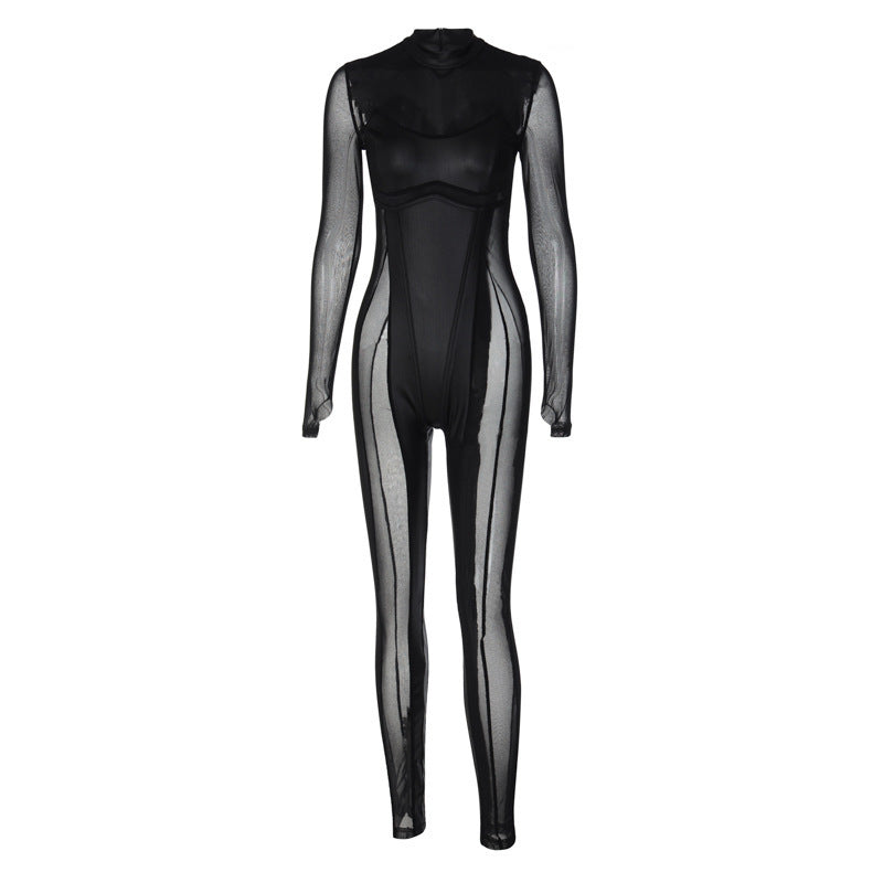 Mono negro ajustado sexy de manga larga transparente de malla de retales para mujer