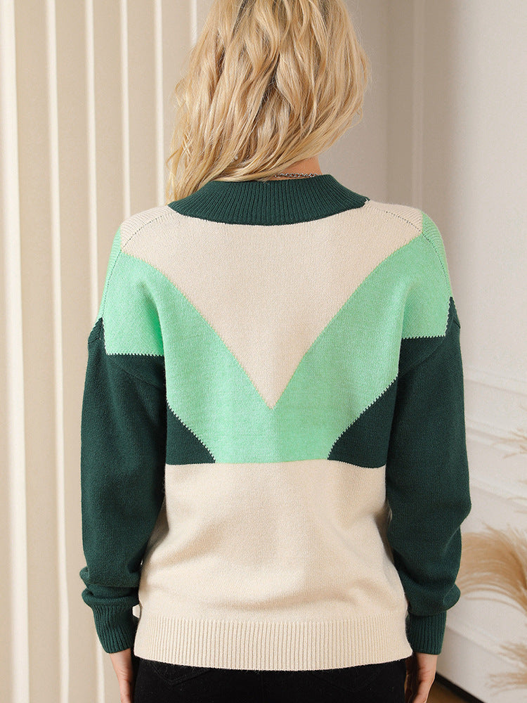 Colored Geometric Blocks Pullover Long Sleeve Knitted Top For Women