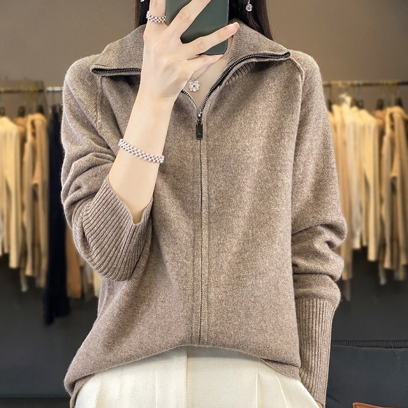 FallWinter New High Neck Wool Knit Cardigan Women