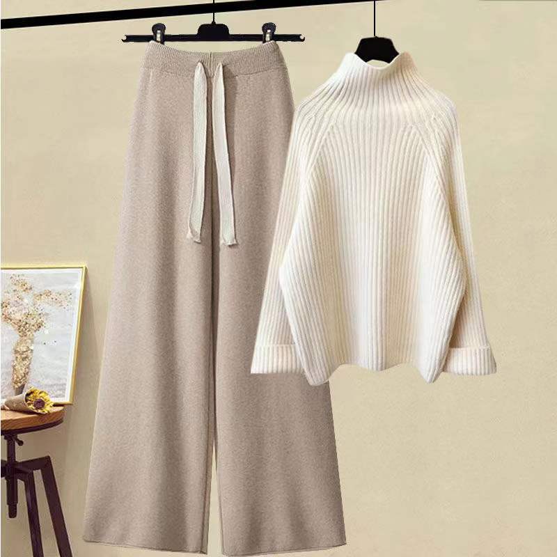 Thickened Coarse Yarn Knitwear Wide Leg Pants Two-piece Set