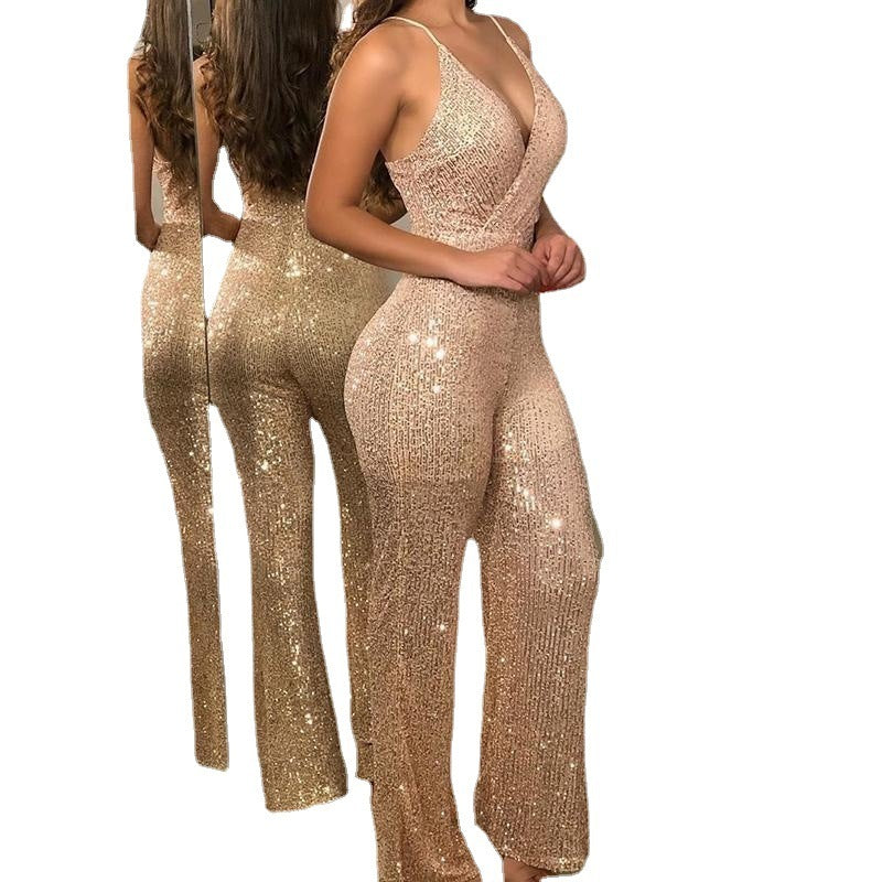 Women's Champagne Suspenders Sequin Jumpsuit