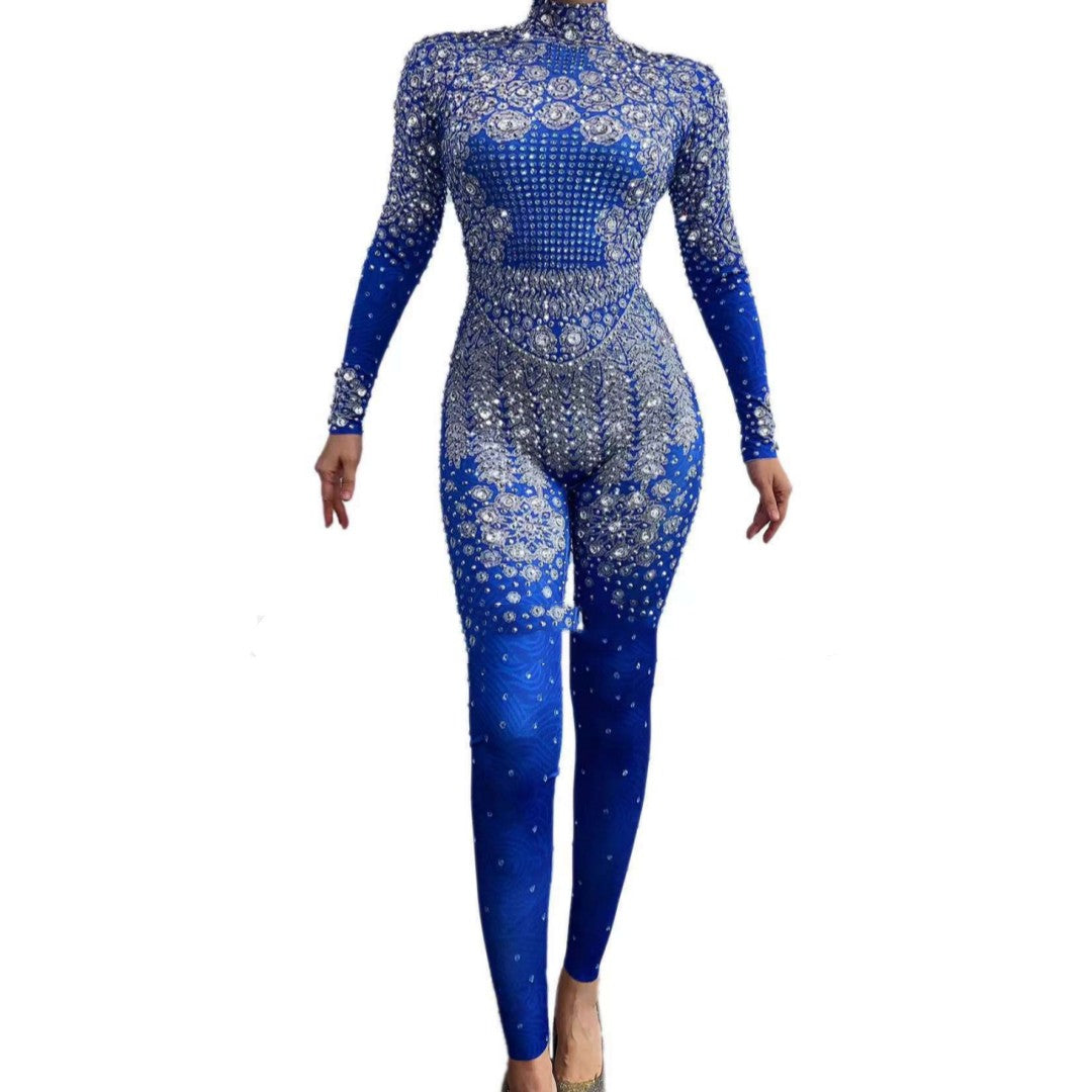 Women's Full Diamond Blue Printing Long Sleeve Jumpsuit