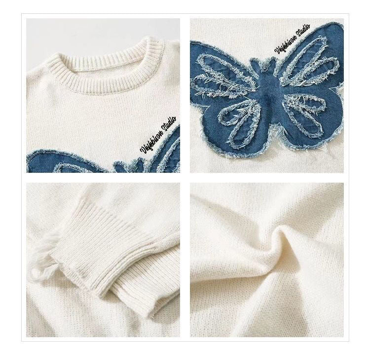 Women's Niche Butterfly American Retro Denim Embroidered Sweater