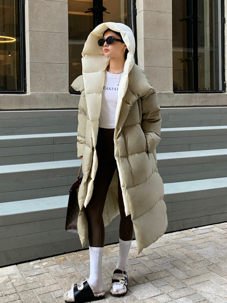 Veste longue chaude à capuche en duvet de canard blanc pour femme