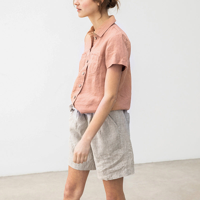 Casual Cotton And Linen Double Pocket Top